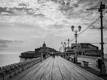 iconic blackpool pier in black and white