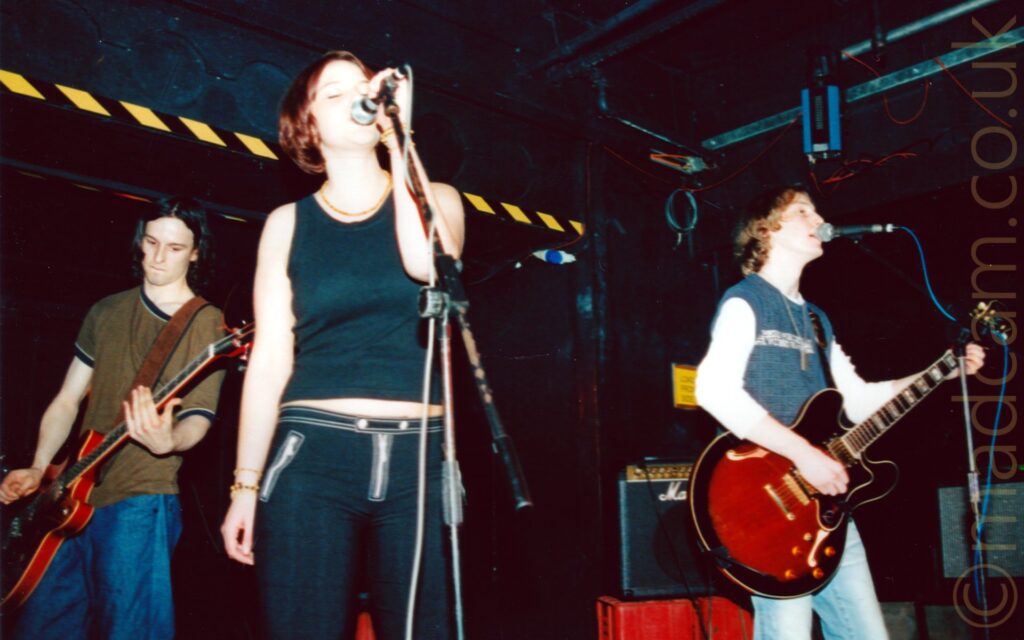 3 people on a stage, performing as part of a band. On the left is a man with floppy dark hair, wearing a brown t-shirt with black piping on the collar and cuffs, and a blue pair of jeans, playing a red bass guitar attached to a tan strap slung over his shoulder. In the middle is a woman with red hair cut in a bob, wearing a black vest top and dark blue trousers, singing into a microphone on a stand, holding on to the mic with her left hand, while her right hand is down by her waist. On the right is a man with wavy brown hair, wearing a blue t-shirt with long white sleeves, and playing a red electric guitar attached to a black strap over his left shoulder, and singing into a microphone on a stand. A black amplifier is standing on a red crate behind the person on the right. Black walls and ceiling fill the rest of the frame, with black and yellow hazard tape marking a low ceiling.